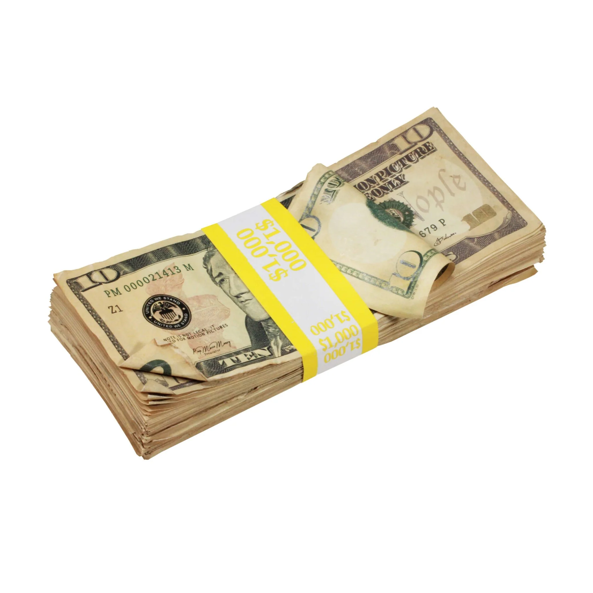 New Series $10s Aged $1,000 Full Print Prop Money Stack